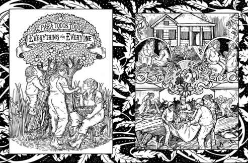 a black and white spread for a coloring book. On the left a family of gleaners pick apples from a tree. On the right, a decorative illustration of many people responding in a variety of ways to a disaster which has hit their town.