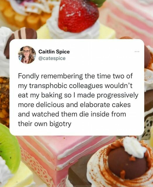 Post from @catespice: "Fondly remembering the time two of my transphobic colleagues wouldn't eat my baking so I made progressively more delicious and elaborate cakes and watched them die inside from their own bigotry."