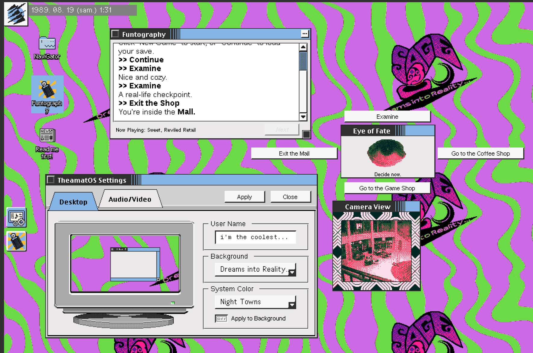Screenshot of Funtography, the multi-window Gameboy Camera adventure game in a fake '80s OS.