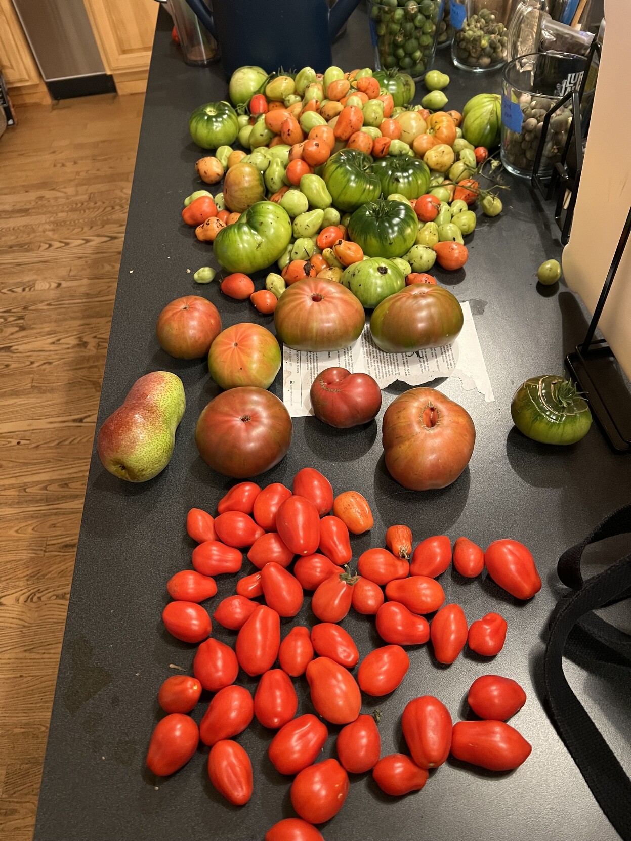The counter is overrun with tomatoes again. This time the near end of the counter has a small single layer of beautifully red ripe Romas, then a few ripe Sokolades pink and purple heirlooms, one weirdly shaped pear, and finally a huge heap of mixed green, orange, and red Romas and Sokolades.  