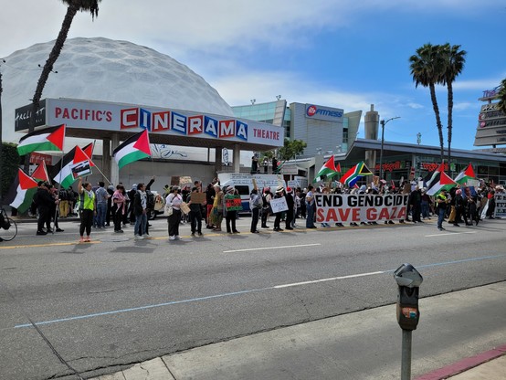 Free Palestine protest in front of the Cinerama Dome on Sunset Blvd in Los Angeles