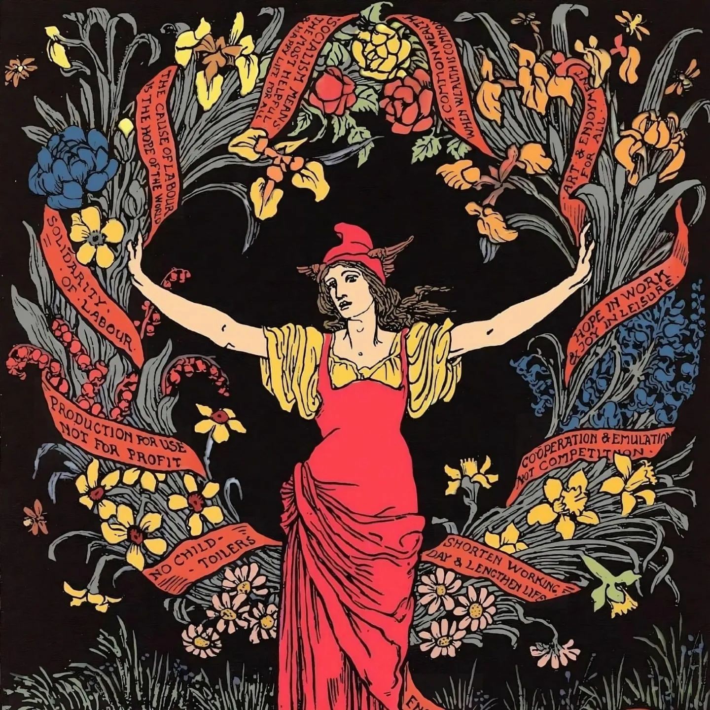 A colorized version of Walter Crane's 1895 relief print, "A Garland for May Day.&quot; The image features a person in a dress with arms outstretched to hold an impossibly large floral wreath. Around the wrrath a ribbon is emblazoned with slogans that <br />reflect the workers' struggle, including ‘the land for the people’, ‘no child toilers’, ‘production for use not for profit’, ‘the plough is a better backbone than the factory’, ‘shorten working day and lengthen life.’