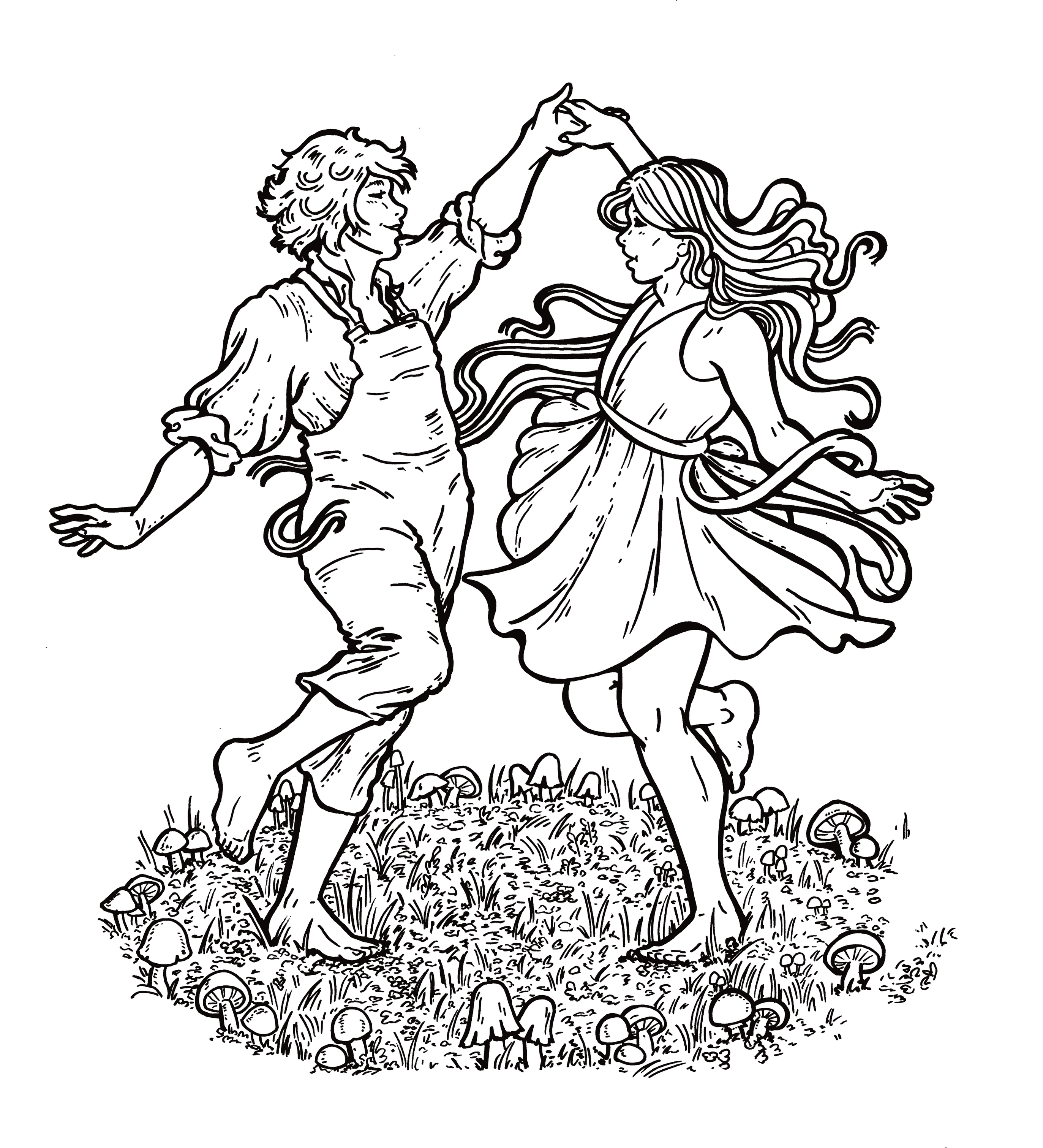 a photo of pen and inks. A couple dances happily in a fairy ring. They are trans/queer coded