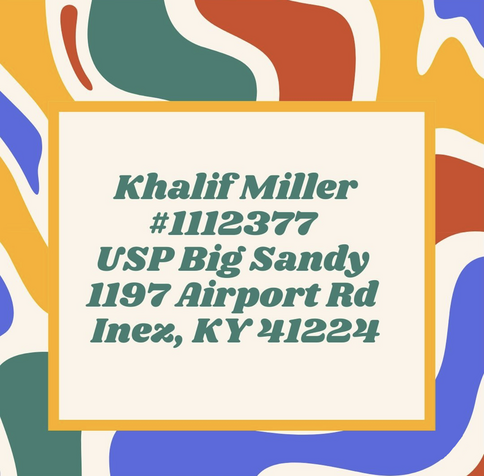 Background of swirling shapes and colors, with text that displays Khalif's mailing address.