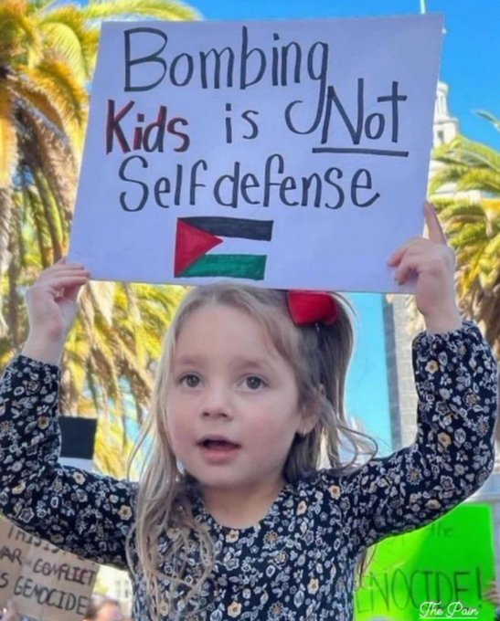 A small child holding up a sign that has a Palestinian flag and says Bombing Kids is NOT Self defense