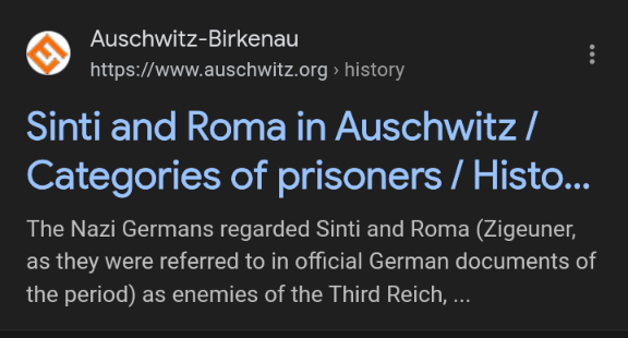 cropped image of one search result on Google :- 

Auschwitz-Birkenau

https://www.auschwitz.org › history

Sinti and Roma in Auschwitz / Categories of prisoners / History ...

The Nazi Germans regarded Sinti and Roma (Zigeuner, as they were referred to in official German documents of the period) as enemies of the Third Reich

