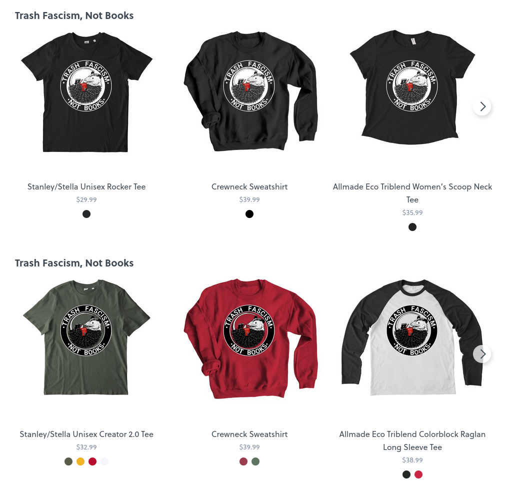 A screenshot of a product grid on bonfire.com showing Des Revol's "Trash Fascism, Not Books" illustration on shirts in various styles and colors. The illustration depicts an adorable possum curled up with a copy of "Maus" by Art Spiegelman.
