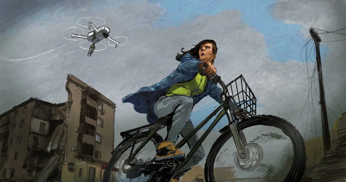 An illustration of a person escaping a drone with a bike.