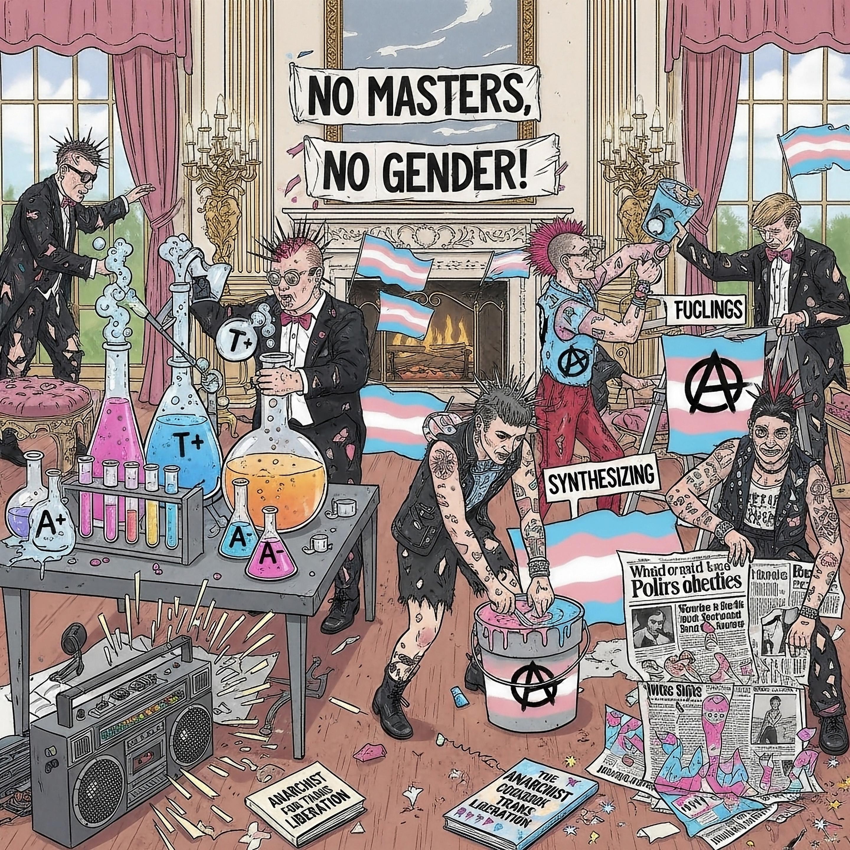 No master No Gender

People in punk clothes paint things with trans colors and do vauge science .