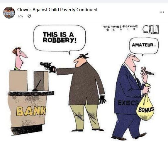 Bank robber holding up a bank teller with a handgun. He says "This is a robbery," as the bank owner walks away in the other direction with a bag of loot labeled  "bonus" and a cigar, saying "Amateur...."