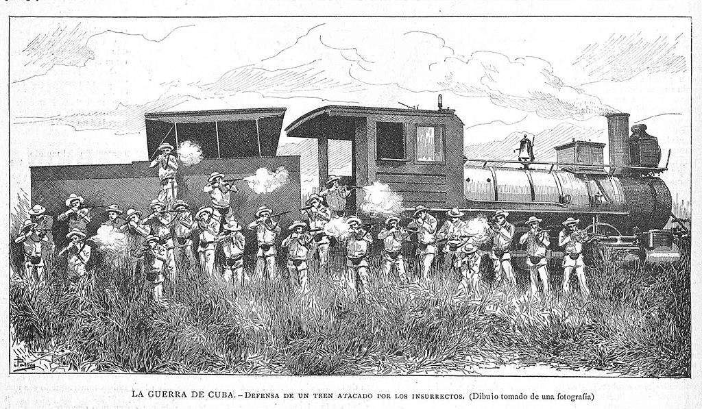 Black and white sketch of Cuban soldiers defending a train during the Cuban War for Independence. By José Passos - (1896-01-06). "La guerra de Cuba". La Ilustración Artística (732): 62. ISSN 1889-853X.Taken from Biblioteca Virtual de Prensa Histórica (CC BY 4.0), Public Domain, https://commons.wikimedia.org/w/index.php?curid=76271530
