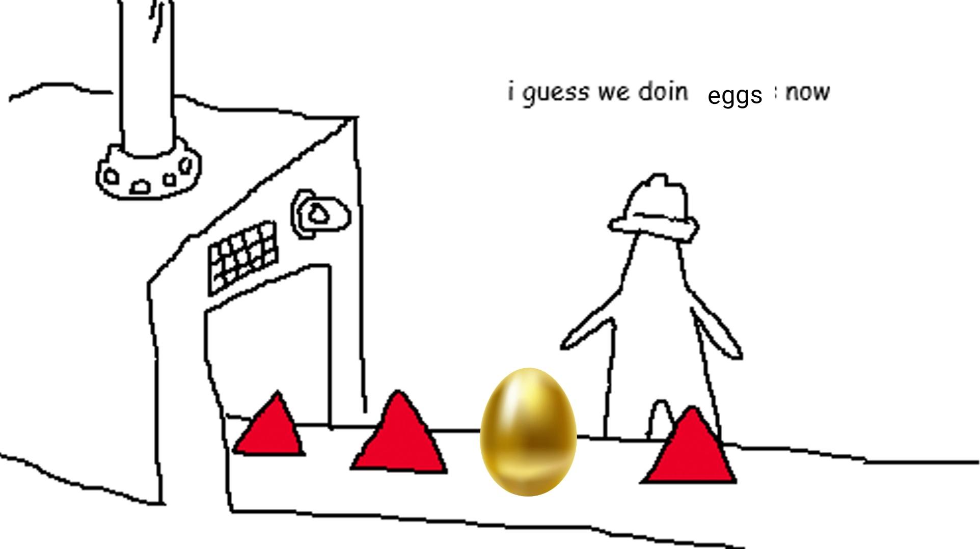 The I guess we doin circles now meme with the circle replaced with a golden egg from the softbank presentation meme