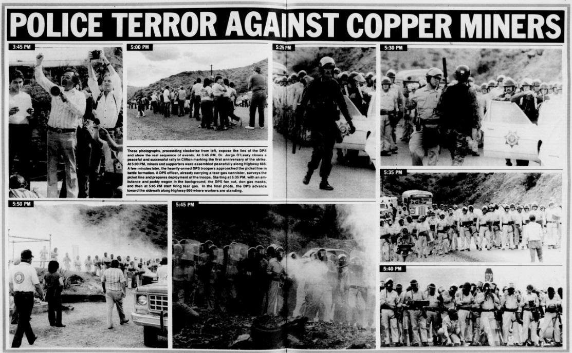 Collage of images from the Phelps-Dodge strike. Includes images of strikers with bullhorns, picket lines, police in riot gear, tear gas.