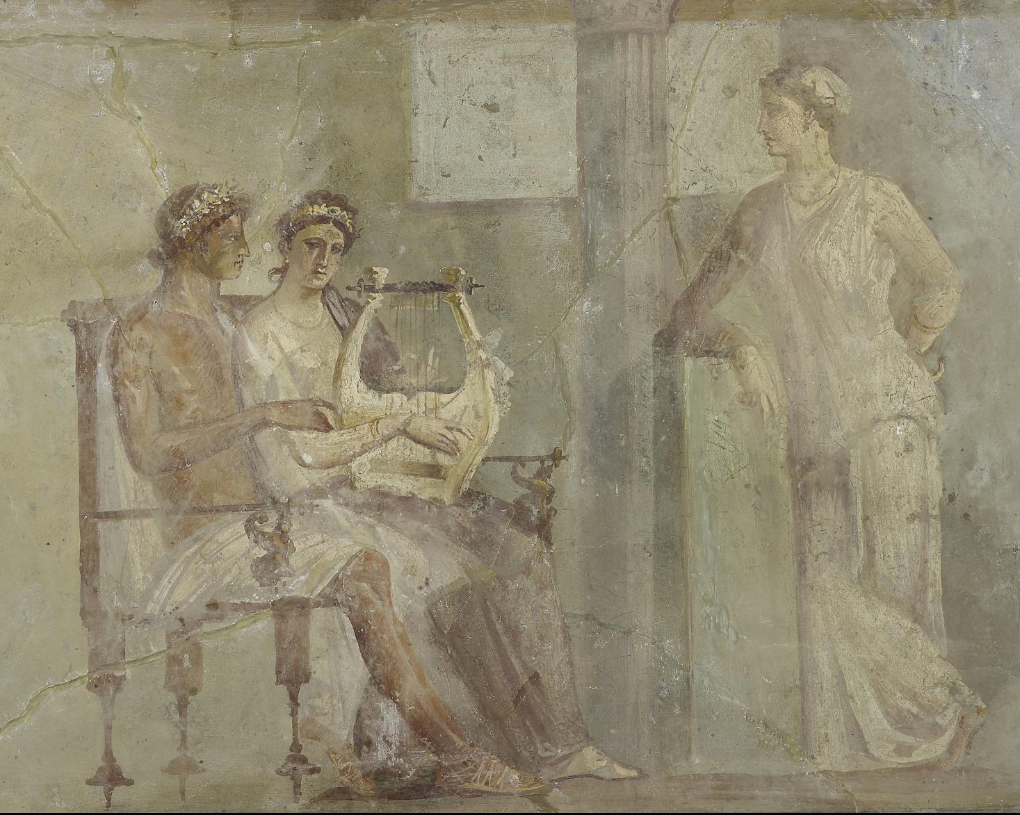 This fresco depicts a woman playing the lyre, while seated next to a man, though he might be a god. To the far right another woman leans on a wall watching the other two. The woman playing the lyre seems to be frowning. The fresco is thought to date from 50–79 CE and come from Pompeii. Now held by the British Museum.