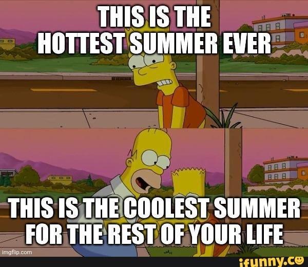 Two cartoon panels from The Simpsons TV show.
Panel 1: Shows Bart Simpson (a boy) sweltering in the heat. Text: This is the hottest summer ever
Panel 2: Shows Homer Simpson (the boy's father) talking to Bart. Text: This is the coolest summer for the rest of your life