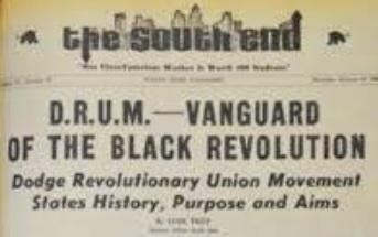 Newspaper headline: "D.R.U.M-Vanguard of the Black Revolution."