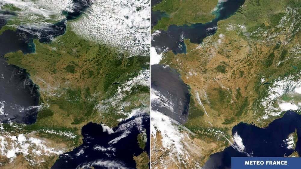 La imagen tiene en paralelo en horizontal dos imágenes de satélite de Francia, tb se ve parte de España Inglaterra, Alemania y los mares. Entre la primera y la segunda hay una diferencia muy significativa en el tono del suelo pasando de verde a amarillento.