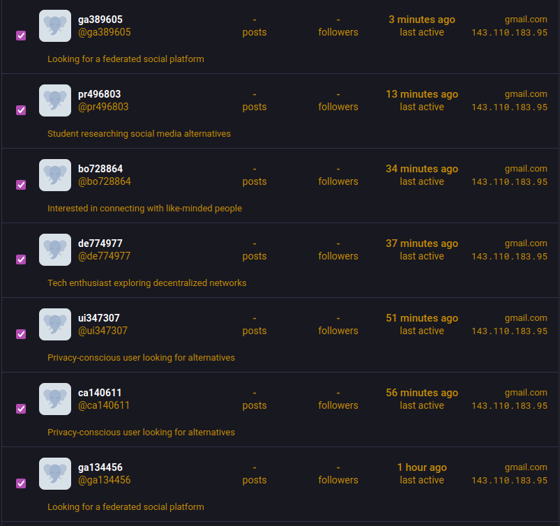 an entire page of account requests made by bots. 

letters+random number usernames with "Privacy-conscious user looking for alternatives", "Content creator seeking new audience"  and similar account requests.

Not sure how to handle this...