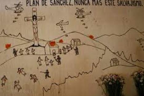 A mural inside the commemorative chapel in Plan de Sánchez reads: "We pray to God and demand the authorities to make sure justice is served against the Guatemalan military high commands and those from Rabinal involved in the massacre of our community Plan de Sánchez. Never again this savagery." The mural depicts helicopters and planes dropping bombs on the village, and soldiers shooting people point blank on the hillside, in front of a large cross.