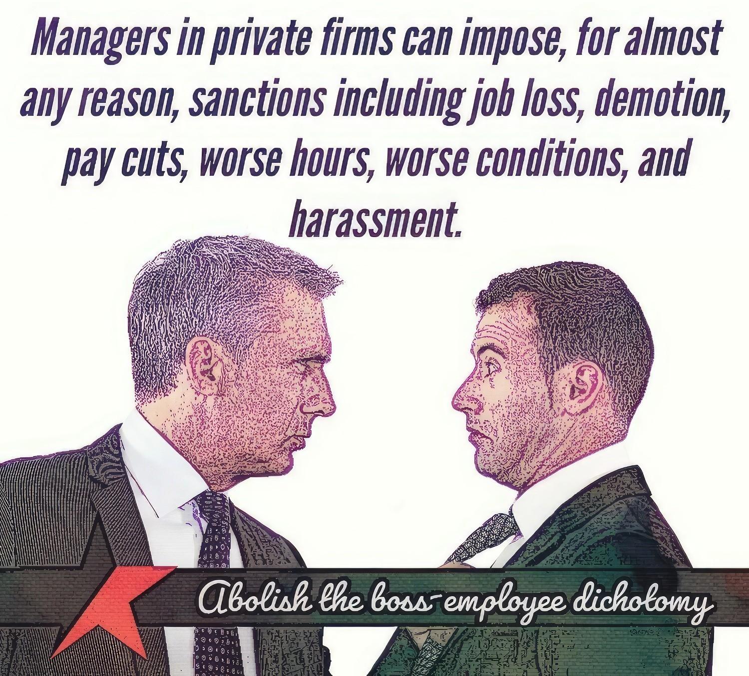Managers in private firms can impose, for almostany reason, sanctions including job loss, demotion,pay cuts, worse hours, worse conditions, andharassment.abolish the boss employee dichotomy