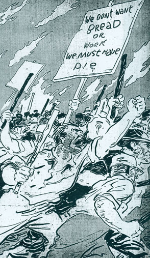 Illustration from the St. Louis Republic newspaper depicting one of the marches during the 1877 St. Louis General Strike. one person is holding up a sign that reads: »We don't want Bread or Work, we must have Pie. The St. Louis Republic rendered the strikers as greedy and ruthless. By Unknown author – http://mohistory.org/blog/the-1877-st-louis-general-strike/, Public Domain, https://commons.wikimedia.org/w/index.php?curid=69482212