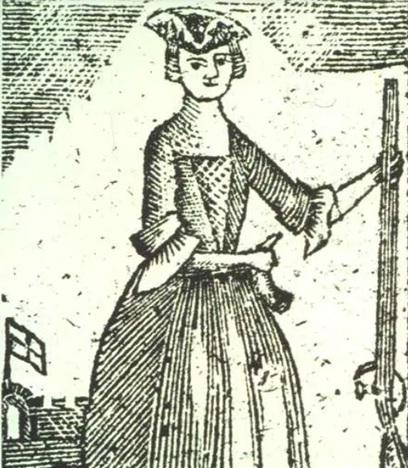 Image is a print of a women in a long dress, and a three-cornered hat, holding a musket and a powder horn.