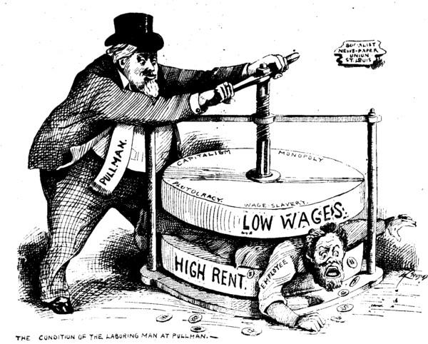 Political cartoon from the Chicago Labor newspaper from July 7, 1894 which shows the condition of the laboring man at the Pullman Company. The employee is being squeezed by Pullman between low wage and high rent. By Chicago Labor Newspaper, July 7, 1894. - http://www.gompers.umd.edu/visual.htmhttp://www.gompers.umd.edu/Pullman%20Cartoon.htm, Public Domain, https://commons.wikimedia.org/w/index.php?curid=72914442