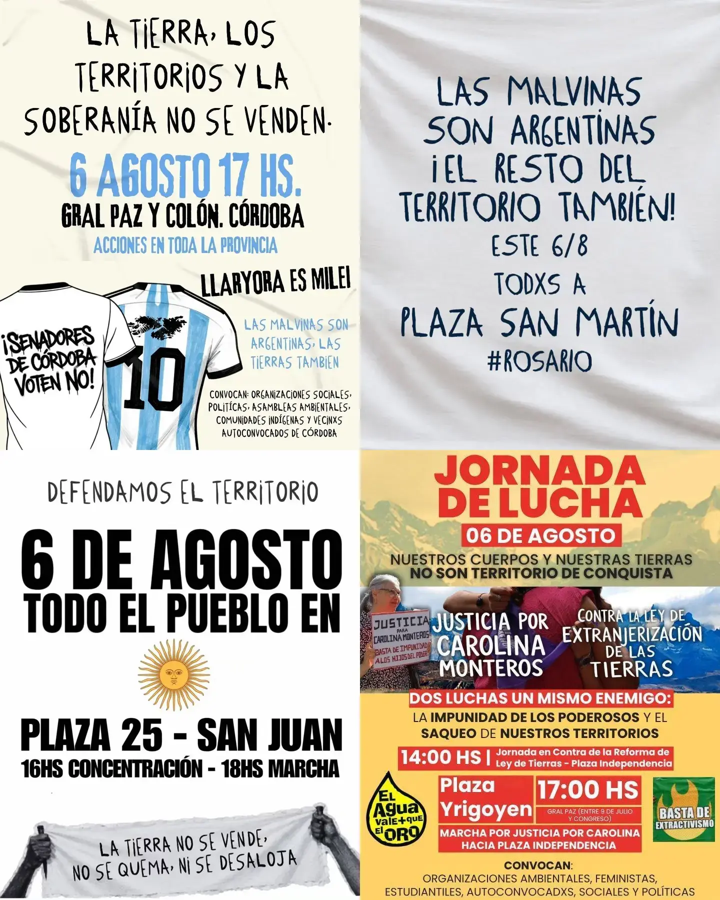 [Montaje de carteles de convocatorias en varias ciudades contra la Ley de Inviolabilidad de la Propiedad Privada.]

Córdoba, 17:00 en General Paz y Colón.

Rosario, 11:00 en la Plaza San Martín. Movilización a las 18:00.

San Juan, 16:00 en la Plaza 25. Marcha a las 18:00.

Tucumán, 14:00 en la Plaza Independencia.