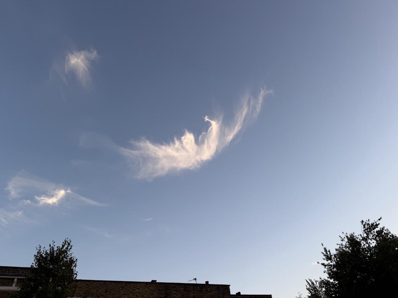 A sky blue summer sky, mid-frame is a white fluffy cloud shaped like a flying beast, in one arm/wing tip it seems to be brandishing a crucifixe