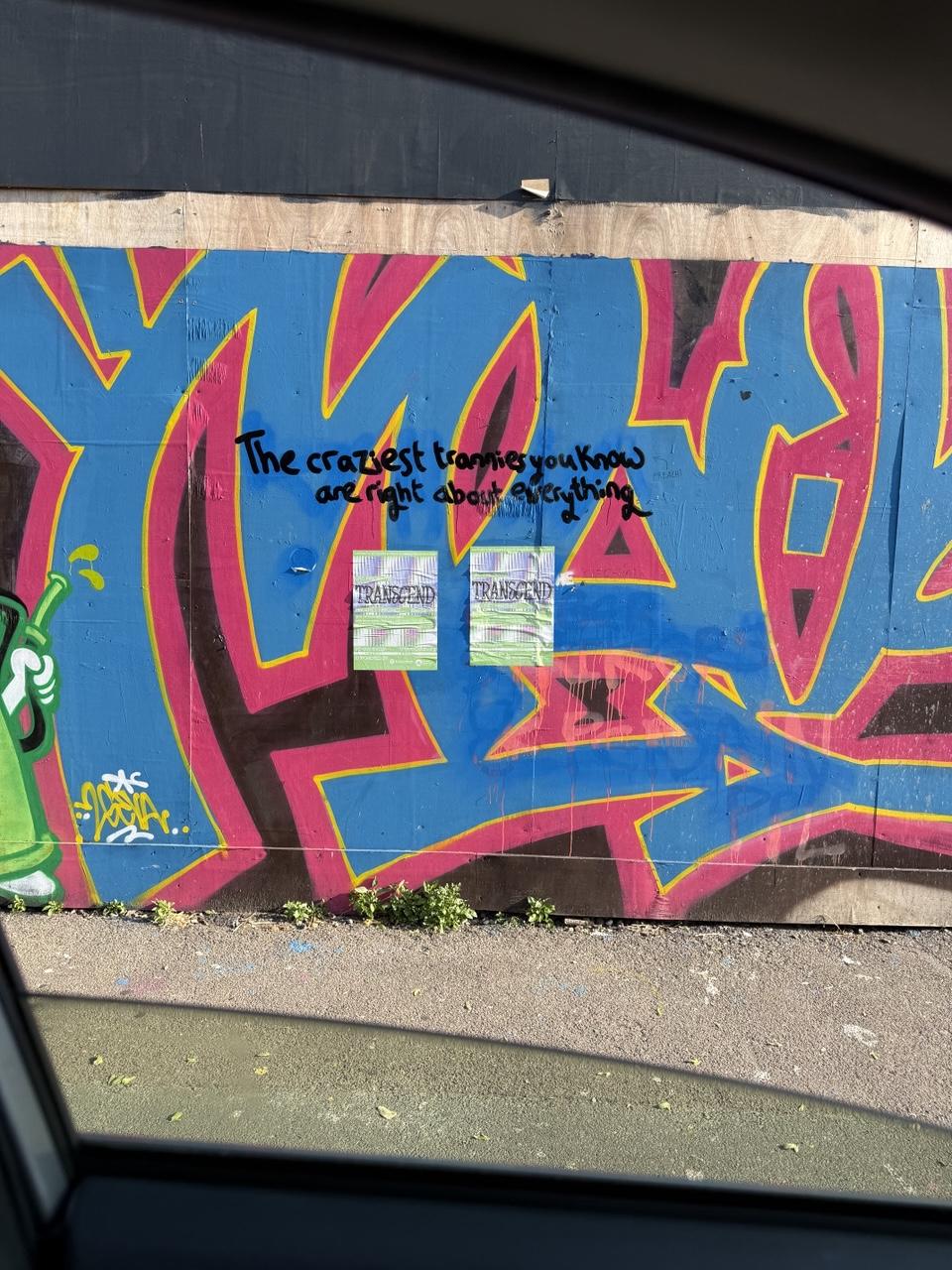 Graffiti blue
 Background with red bordered black stripes.
Written: the craziest trannies you know are right about everything