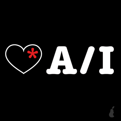 Black square graphic with a white outlined heart containing a red asterisk-like symbol beside the white letters “A/I.”