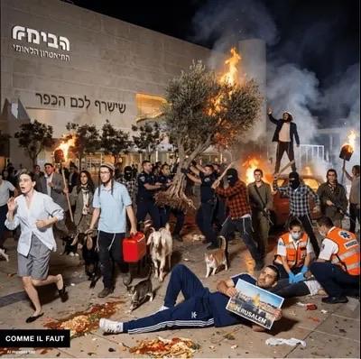 A chaotic scene with a crowd of people in distress, some running. Flames and smoke are visible, a few dogs are present, and emergency responders are on the scene. A person is lying on the ground holding a picture.
