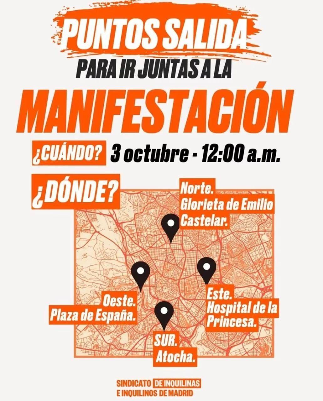 Cartel de la manifestación del 3 de octubre a las 12. Hay cuatro columnas por los puntos cardinales y la sur sale desde Atocha.