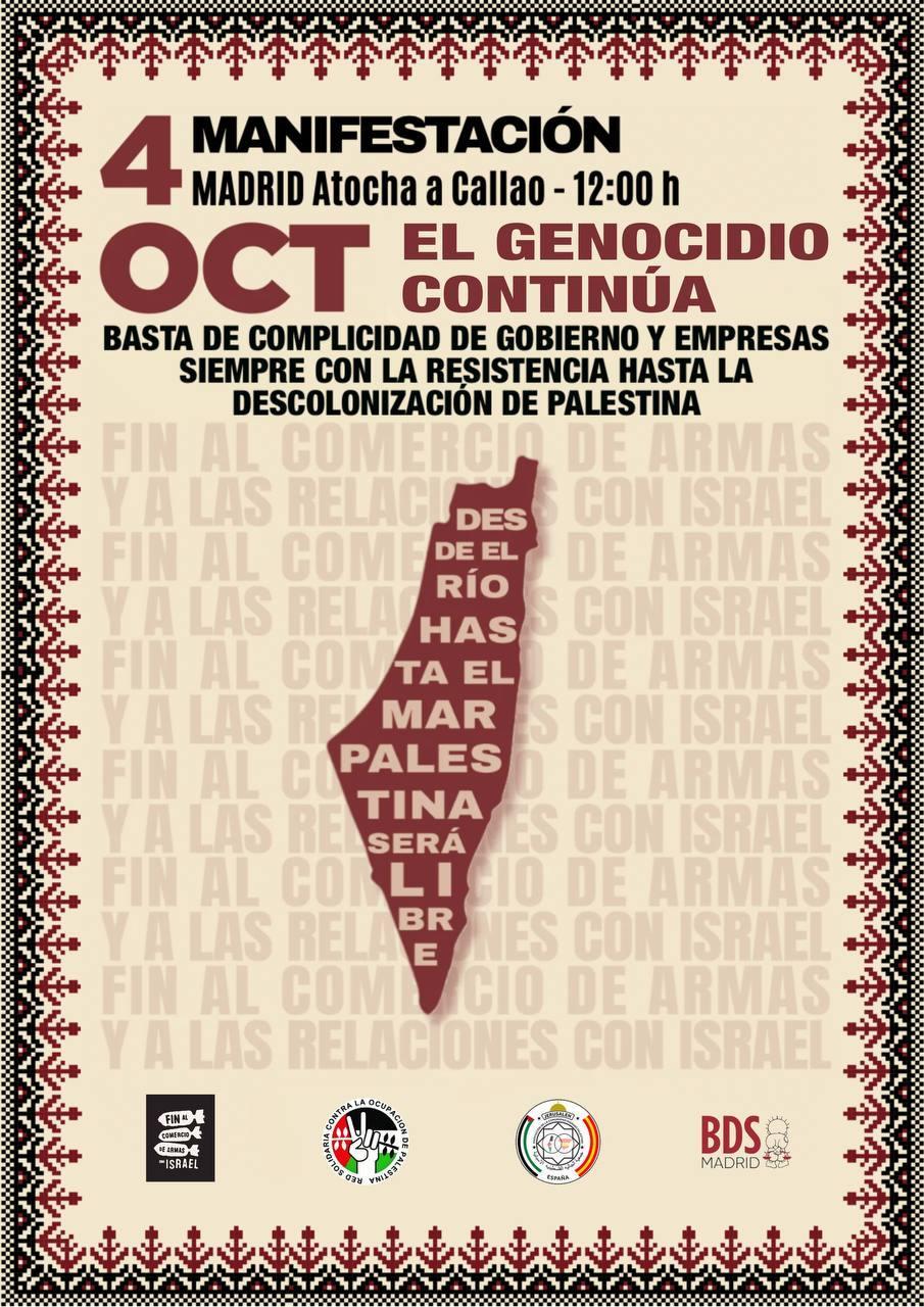 Cartel de la manifestación por Palestina y en contra del genocidio del 4 de octubre. De Atocha a Callao a las 12.
